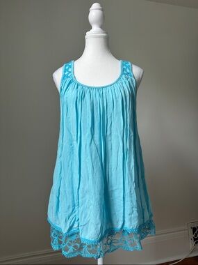 BEYOND CAPRI Y2K Baby Blue Lace Layered Euro Vacation Beach Tank Top Size Medium